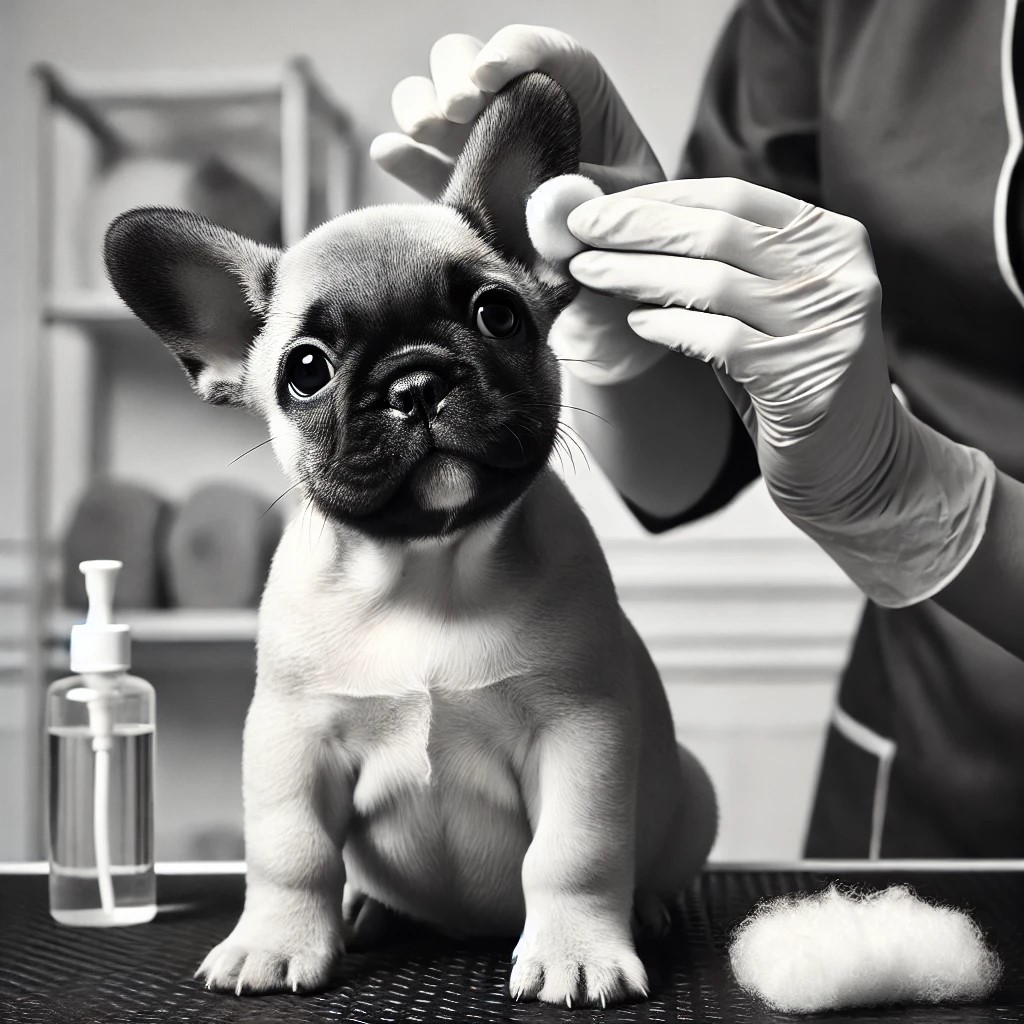 Groomer cleaning dog's ears with care and precision