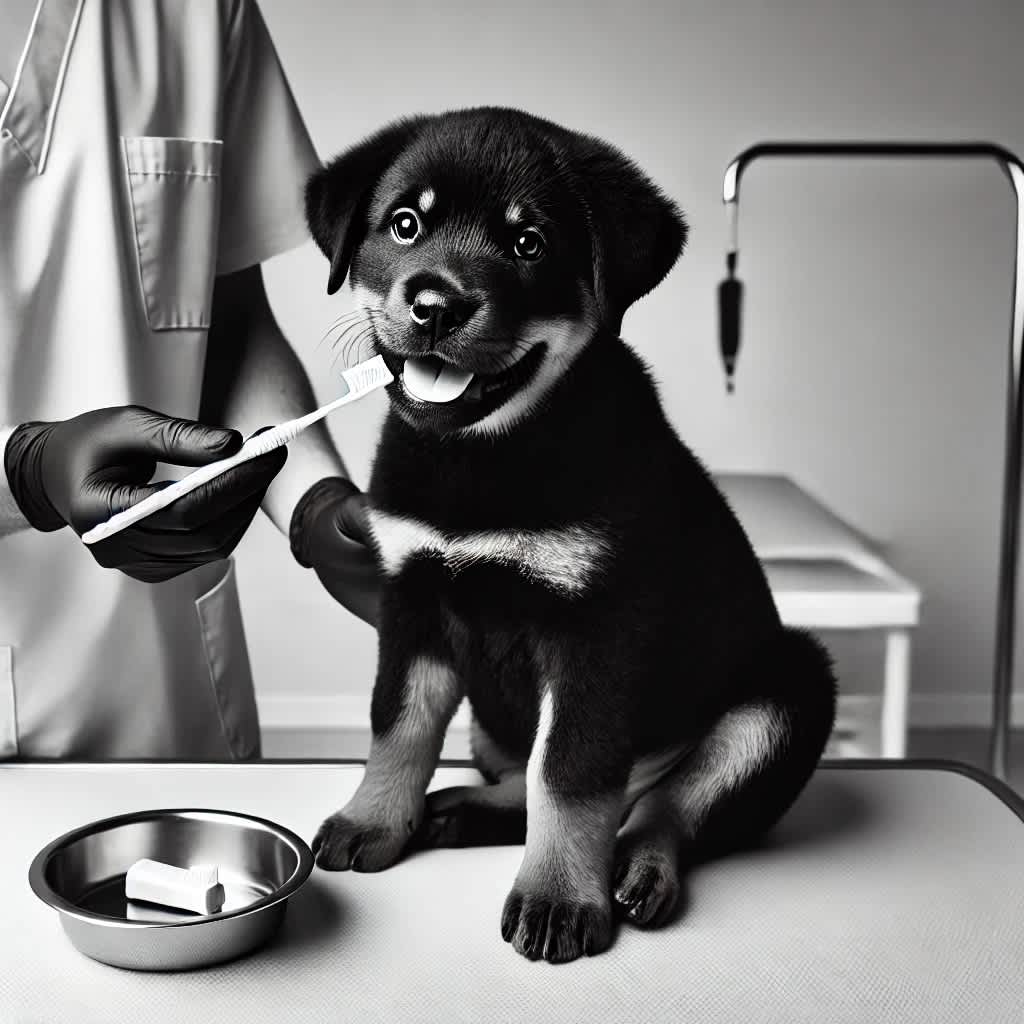 Dog with open mouth during gentle teeth brushing using pet-safe toothpaste