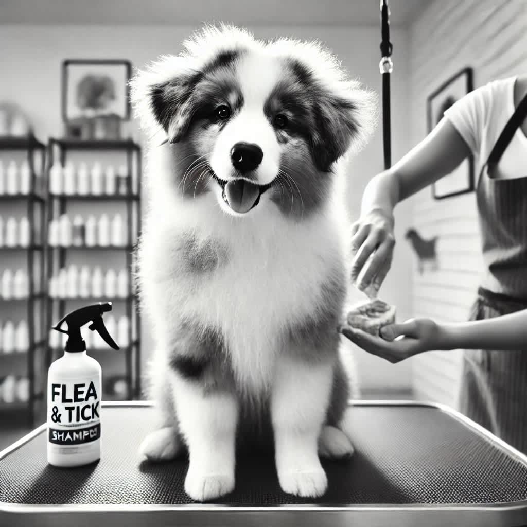 Pet being shampooed with anti-flea treatment by a groomer