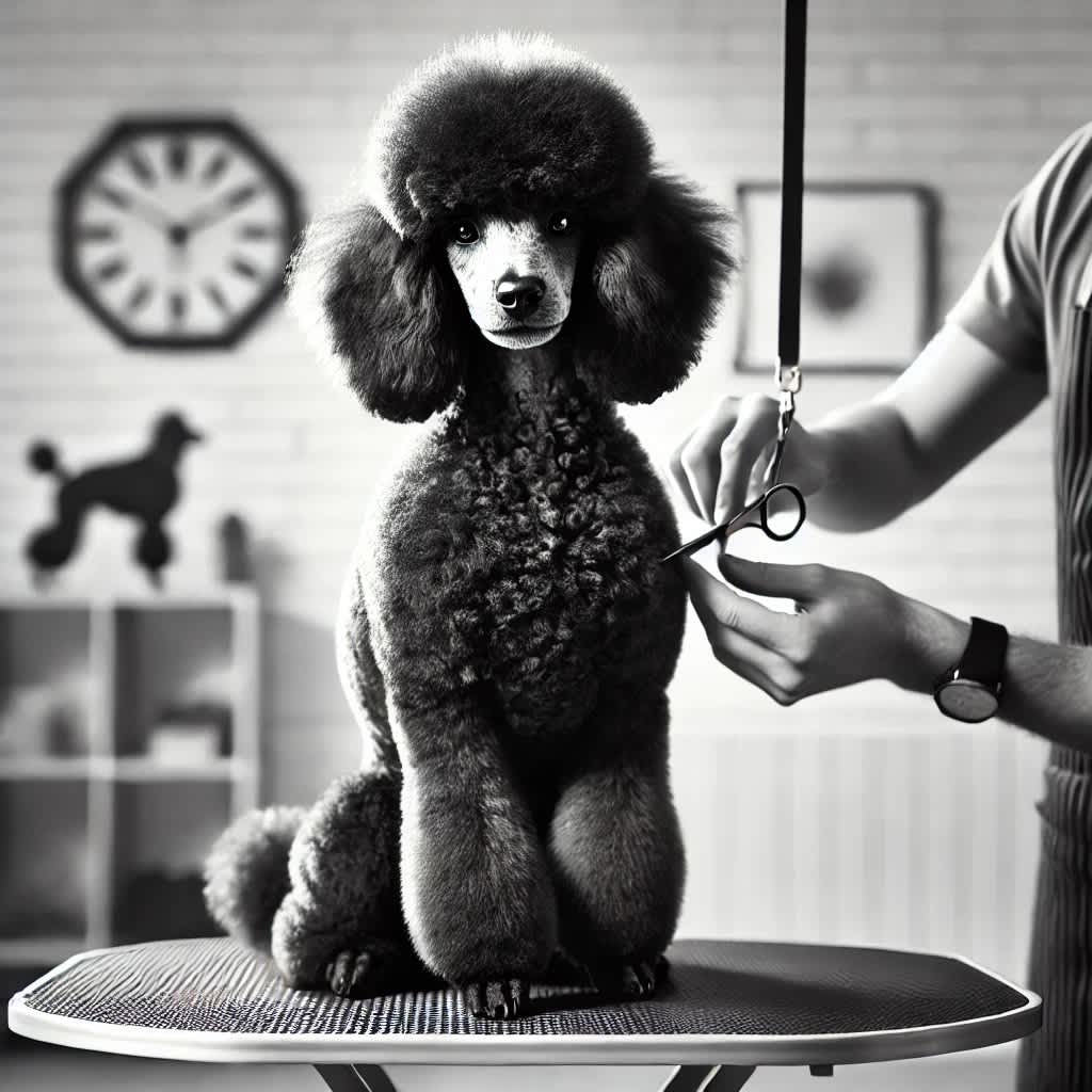Poodle styled with a breed-specific haircut standing proudly