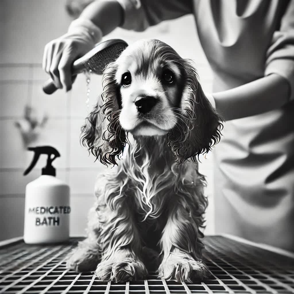 Dog being gently rinsed with medicated shampoo in a tub